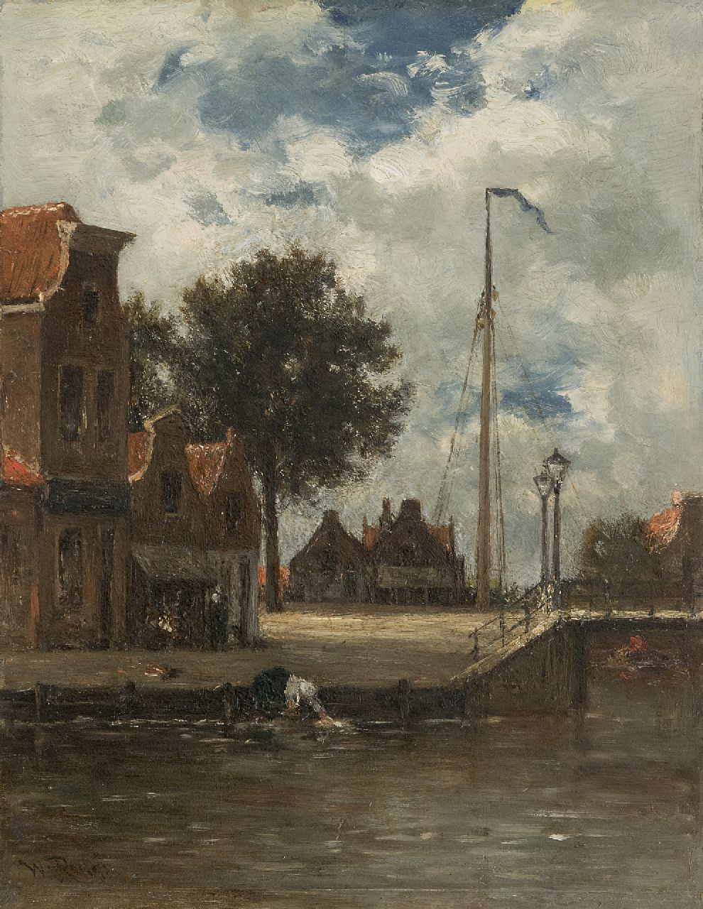 Roelofs W.  | Willem Roelofs, A vilage canal with a woman doing her laundry (possibly Edam), oil on panel 31.5 x 24.5 cm, signed l.l. and painted ca. 1861-1867