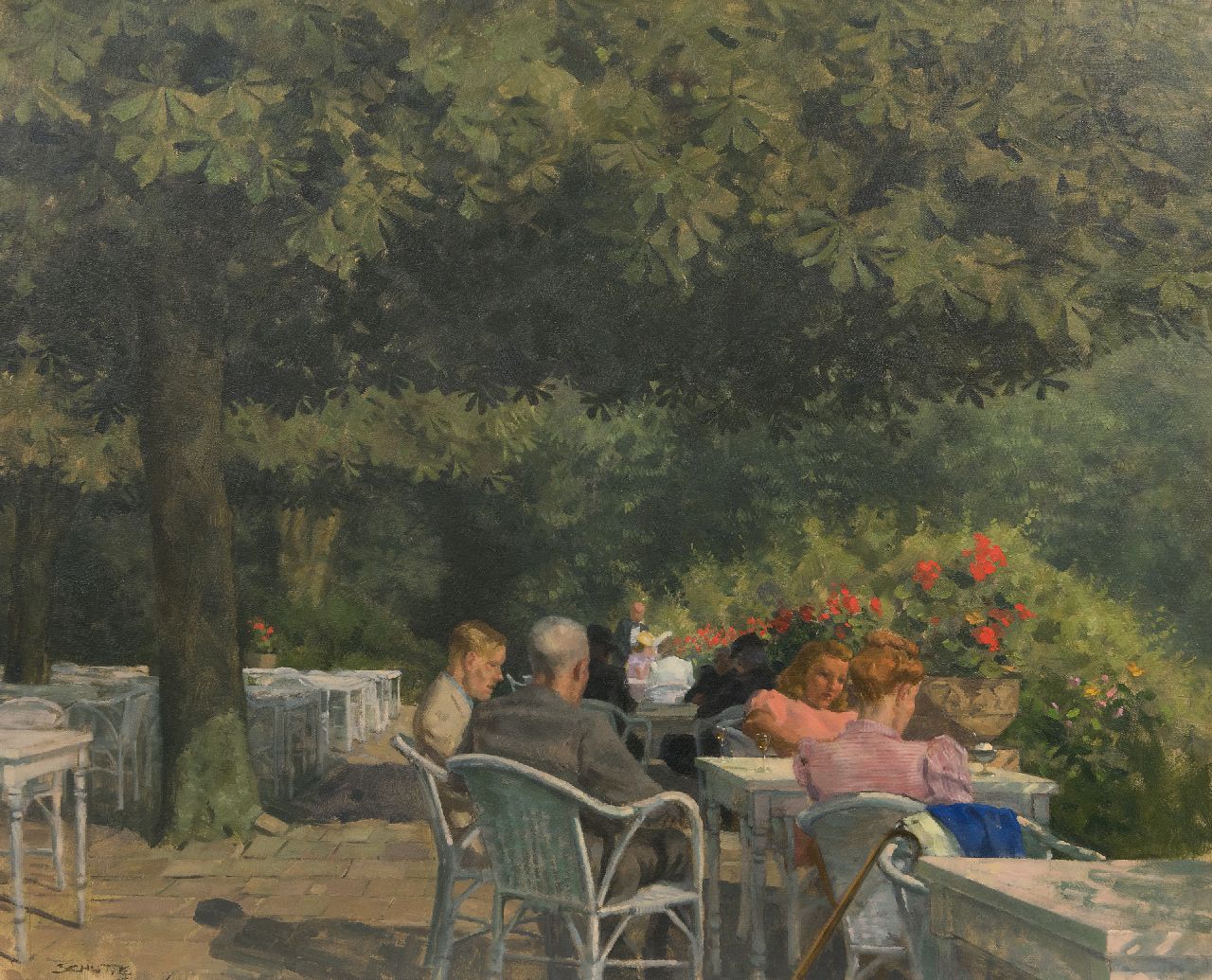 Schutte L.H.H.  | 'Louis' Hermanus Hendrikus Schutte | Paintings offered for sale | A summer day on the terrace, oil on canvas 77.7 x 94.5 cm, signed l.l.