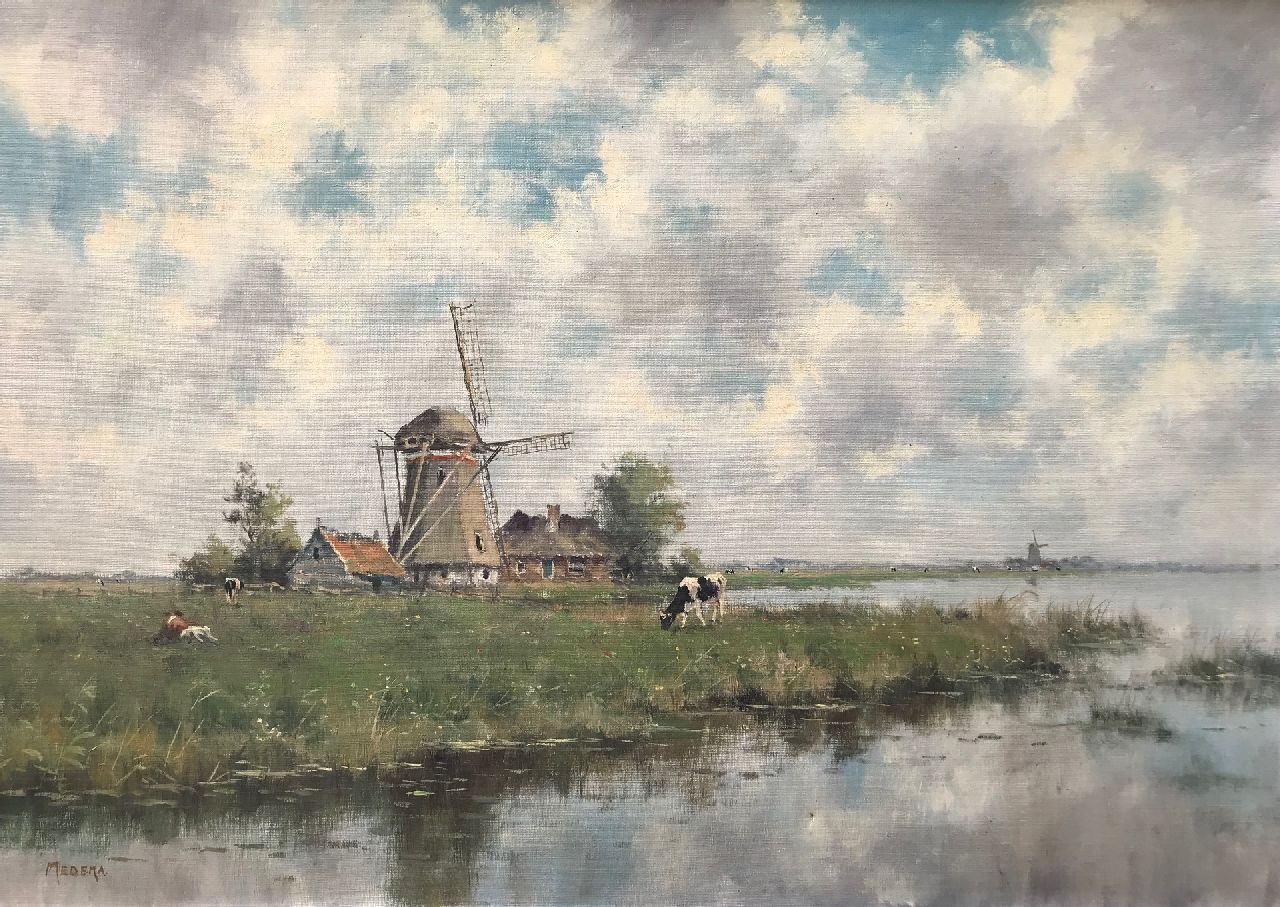 Medema B.  | Bernhard Medema, Windmill in a polder landscape, oil on canvas 50.2 x 70.2 cm, signed l.l.