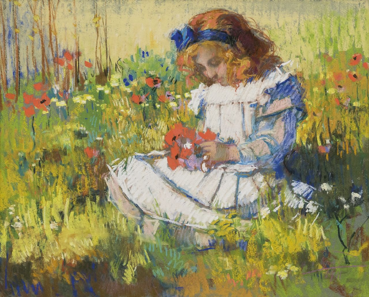 Graafland R.A.A.J.  | Robert Archibald Antonius Joan 'Rob' Graafland | Watercolours and drawings offered for sale | The painter's daughter in a flowering meadow, pastel on paper 51.9 x 63.5 cm, signed l.r. and dated 1911