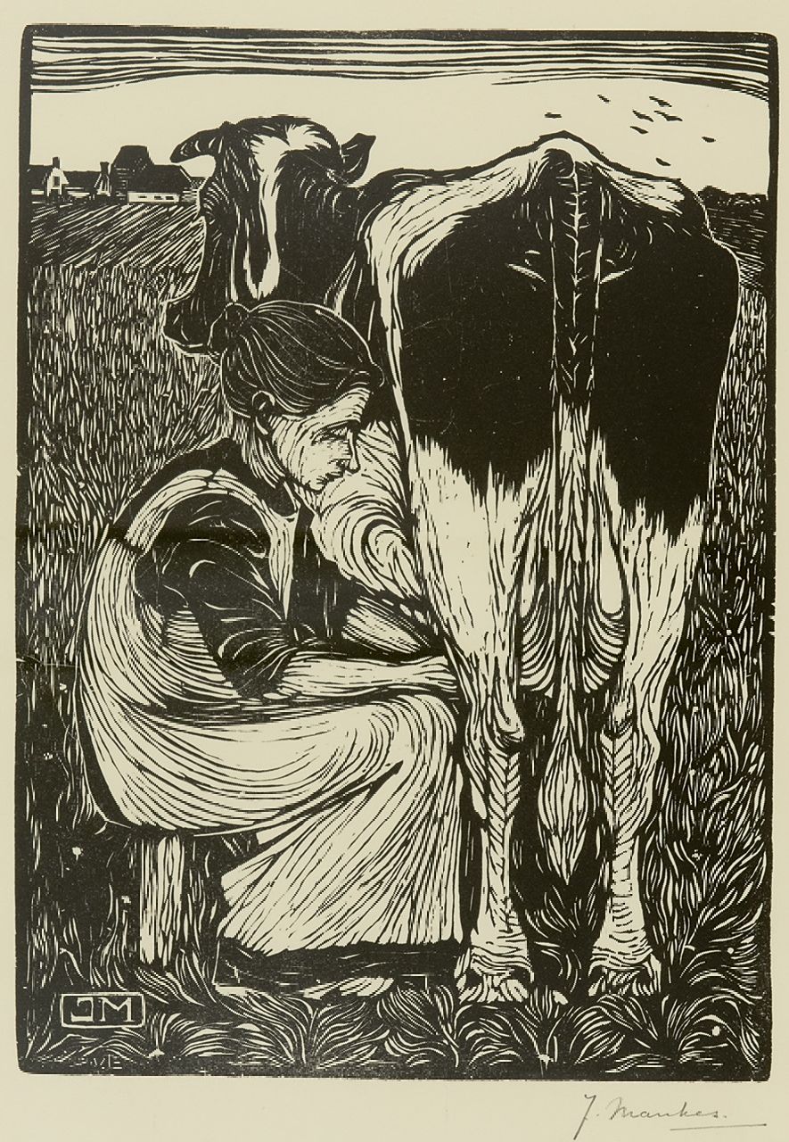 Mankes J.  | Jan Mankes, Peasant woman milking a cow, woodcut on paper 22.0 x 16.0 cm, signed l.r. (in pencil) and executed in 1914