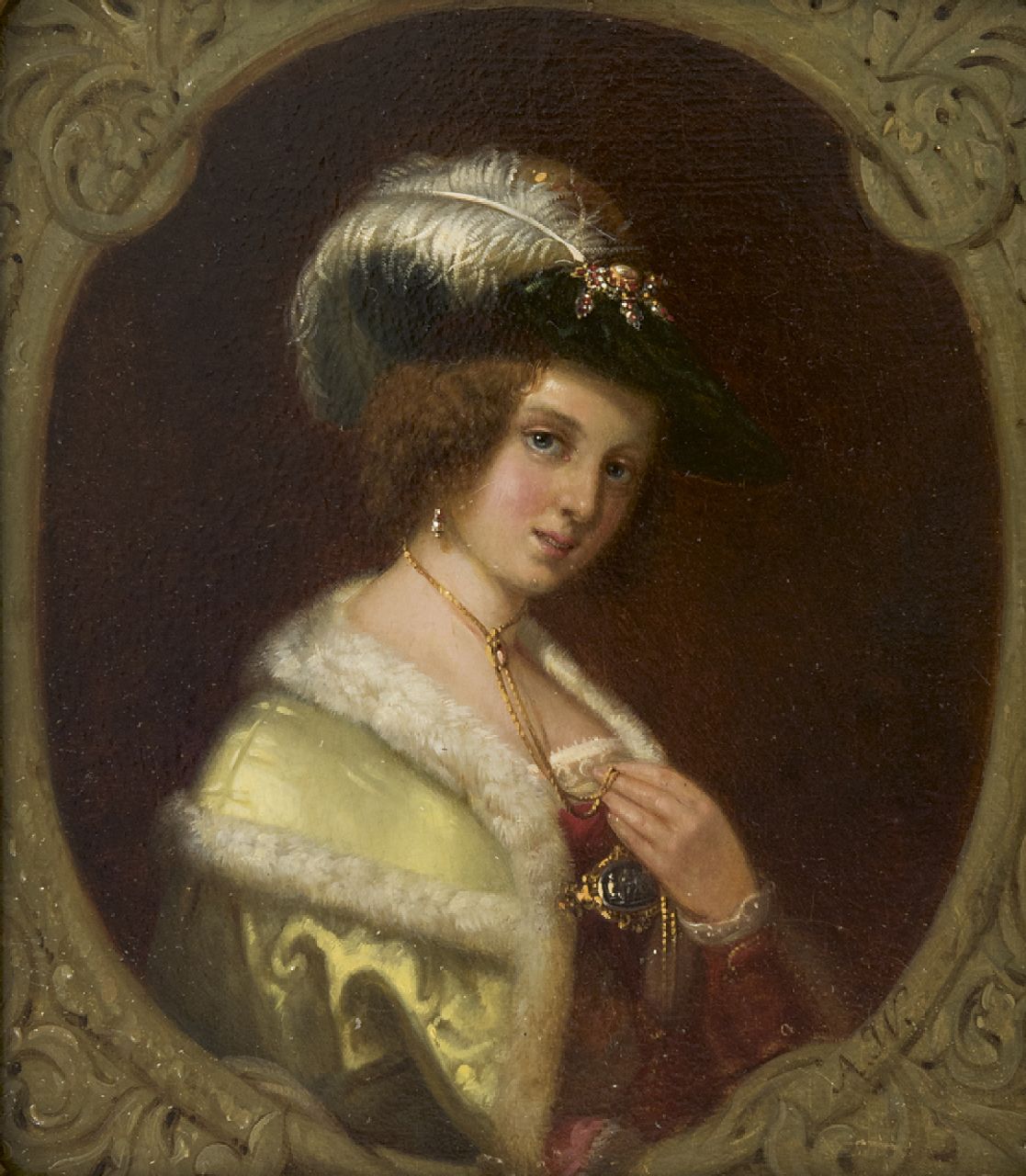 Waldorp A.  | Antonie Waldorp, Portrait of a bejuweled woman, oil on panel 19.0 x 16.2 cm, signed l.r. with initials