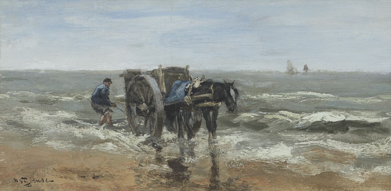 Jansen W.G.F.  | 'Willem' George Frederik Jansen, Shell fisherman on the beach, oil on canvas 20.2 x 40.4 cm, signed l.l.