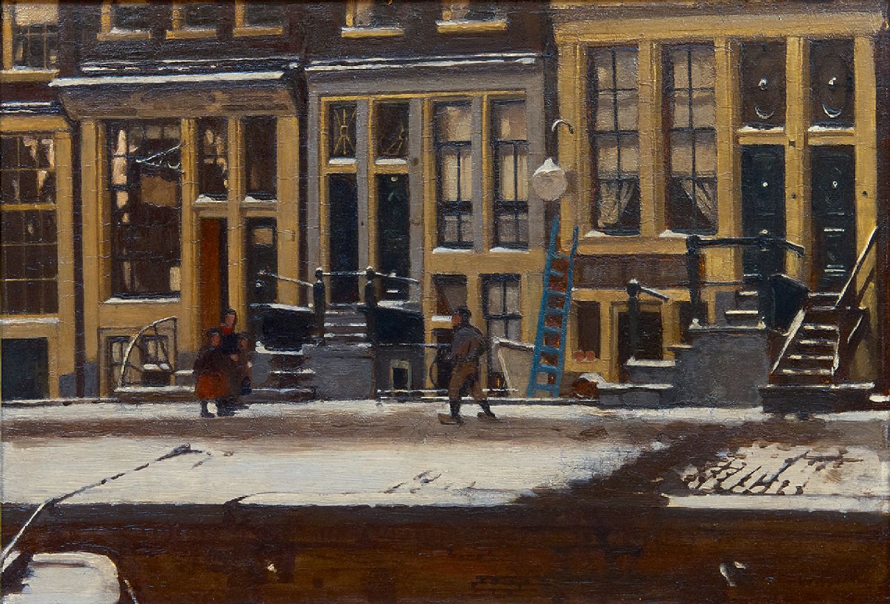 Witsen W.A.  | 'Willem' Arnold Witsen | Paintings offered for sale | The Oude Waal in winter, Amsterdam, oil on panel 30.3 x 44.3 cm, signed l.r. and painted ca. 1912