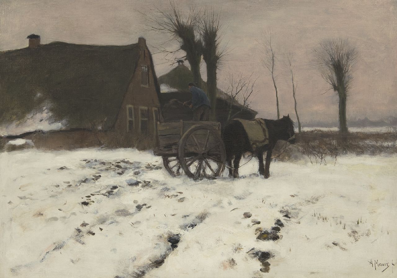 Mauve A.  | Anthonij 'Anton' Mauve, A winterlandscape with horse drawn cart, oil on canvas 51.7 x 71.2 cm, signed l.l.