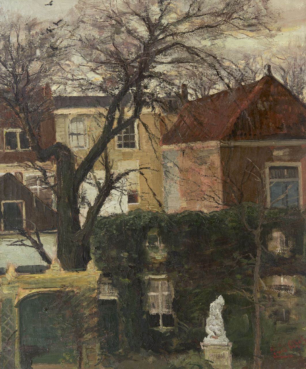 Apol L.F.H.  | Lodewijk Franciscus Hendrik 'Louis' Apol, A view of gardens and houses, possibly the Juffrouw Idastraat, The Hague, oil on canvas 60.6 x 50.4 cm, signed l.r.