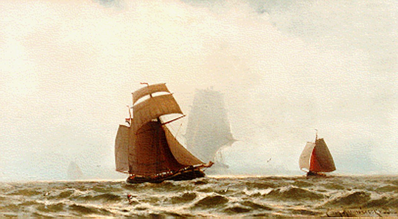 Heemskerck van Beest J.E. van | Jacob Eduard van Heemskerck van Beest, Flatboats offshore, oil on panel 41.5 x 74.8 cm, signed l.r.