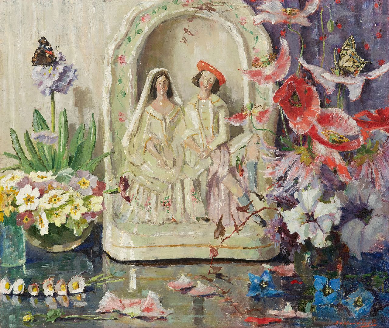 Dam van Isselt L. van | Lucie van Dam van Isselt | Paintings offered for sale | Still life with flowers, butterflies and wedding figurine, oil on panel 45.2 x 53.2 cm, signed r.u.