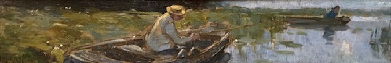 Jansen H.W.  | Hendrik Willebrord Jansen | Paintings offered for sale | Fisherman in his boat, oil on board 9.0 x 54.0 cm, signed l.l.