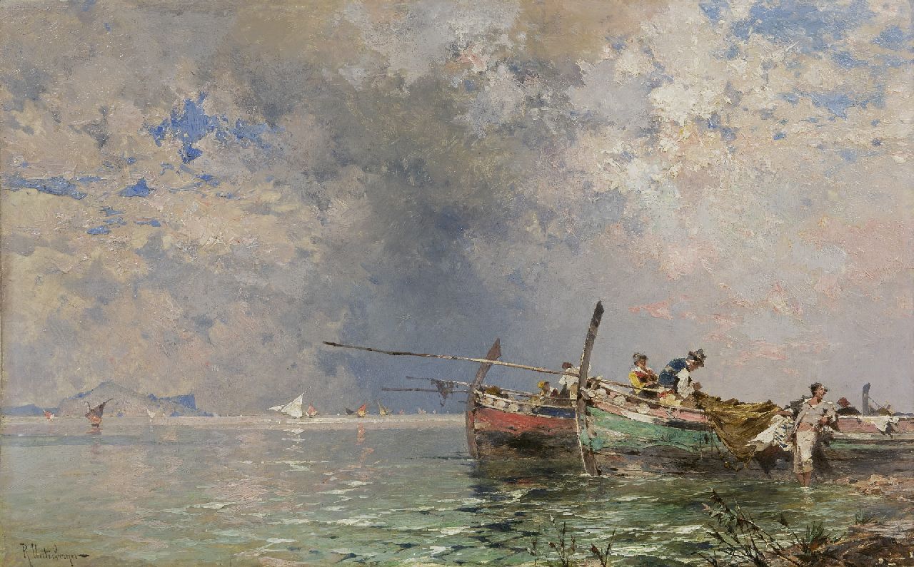 Unterberger F.R.  | Franz Richard Unterberger | Paintings offered for sale | Fishermen in the bay of Palermo, oil on panel 30.0 x 60.2 cm, signed l.l.