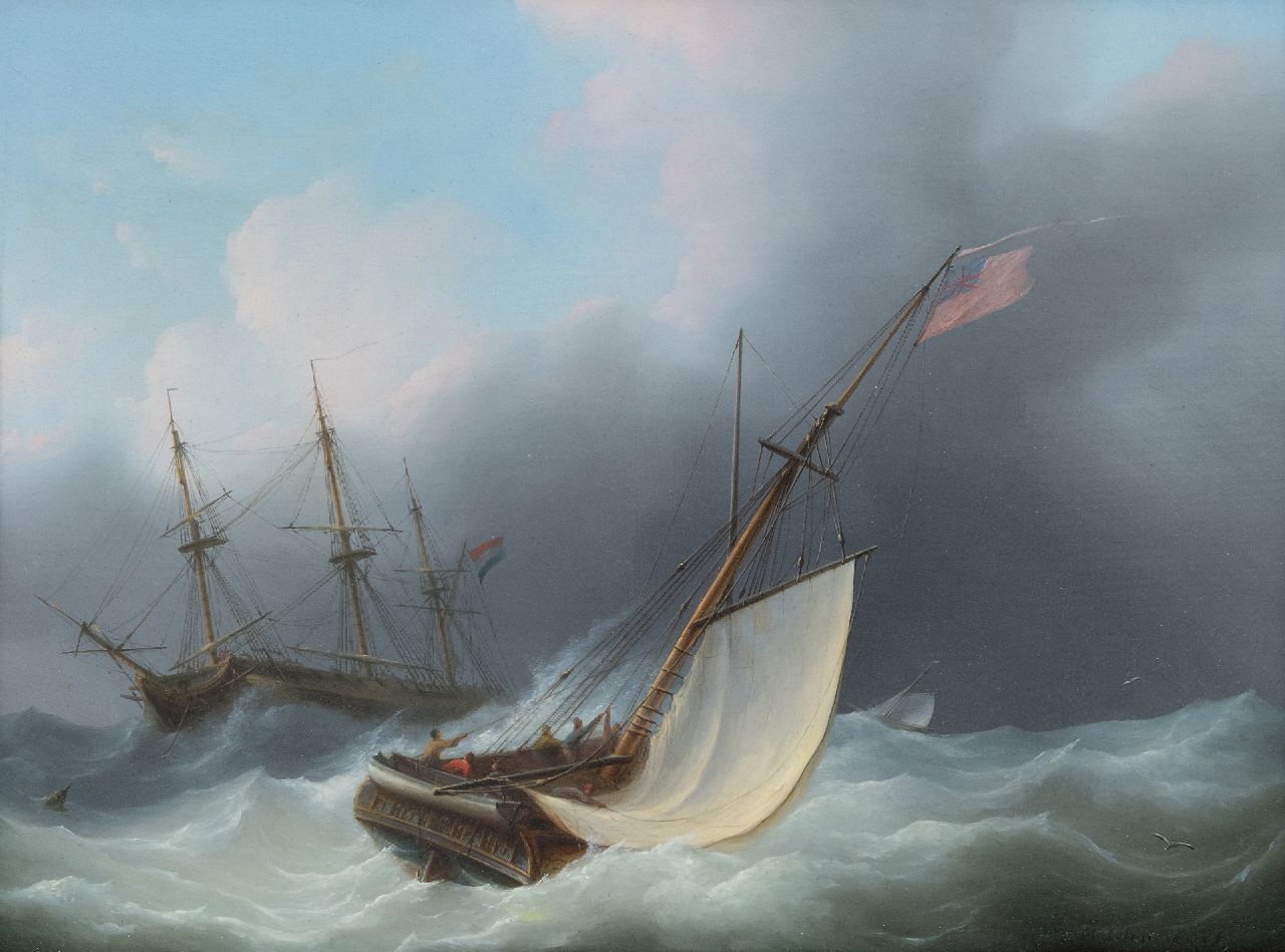 Schouman M.  | Martinus Schouman, Sailing ships on a choppy sea, oil on panel 29.5 x 39.7 cm, signed l.r.
