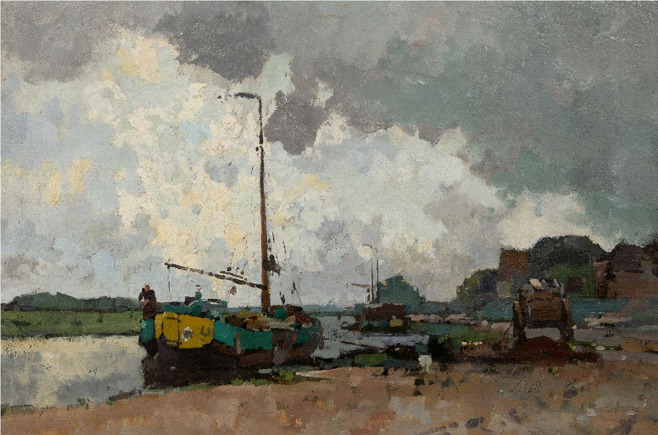 Vreedenburgh C.  | Cornelis Vreedenburgh | Paintings offered for sale | Moored peat ships, oil on canvas 60.2 x 90.5 cm