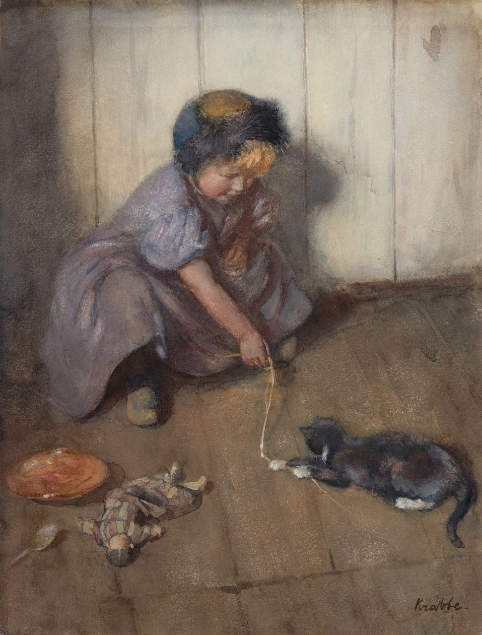 Krabbé H.M.  | Heinrich Martin Krabbé | Watercolours and drawings offered for sale | Playing with the cat, watercolour on paper 47.5 x 36.0 cm, signed l.r. and painted 1906-1916