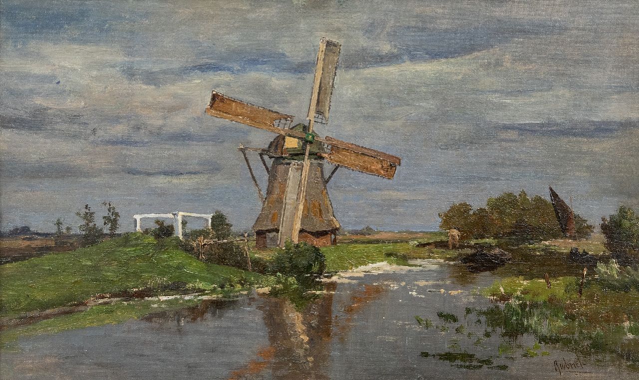 Gabriel P.J.C.  | Paul Joseph Constantin 'Constan(t)' Gabriel, Windmill near Giethoorn, oil on canvas laid down on panel 32.2 x 54.2 cm, signed l.r.