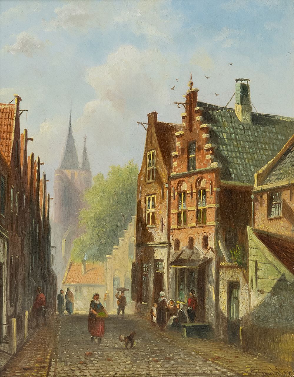 Spohler J.F.  | Johannes Franciscus Spohler, A sunlit Dutch street, oil on panel 18.9 x 14.9 cm, signed l.r.