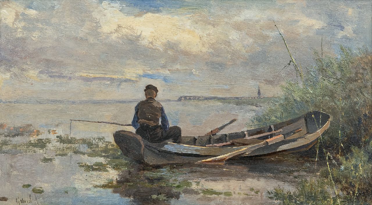 Gabriel P.J.C.  | Paul Joseph Constantin 'Constan(t)' Gabriel, Angler in a polder landscape, oil on panel 18.9 x 32.7 cm, signed l.l.
