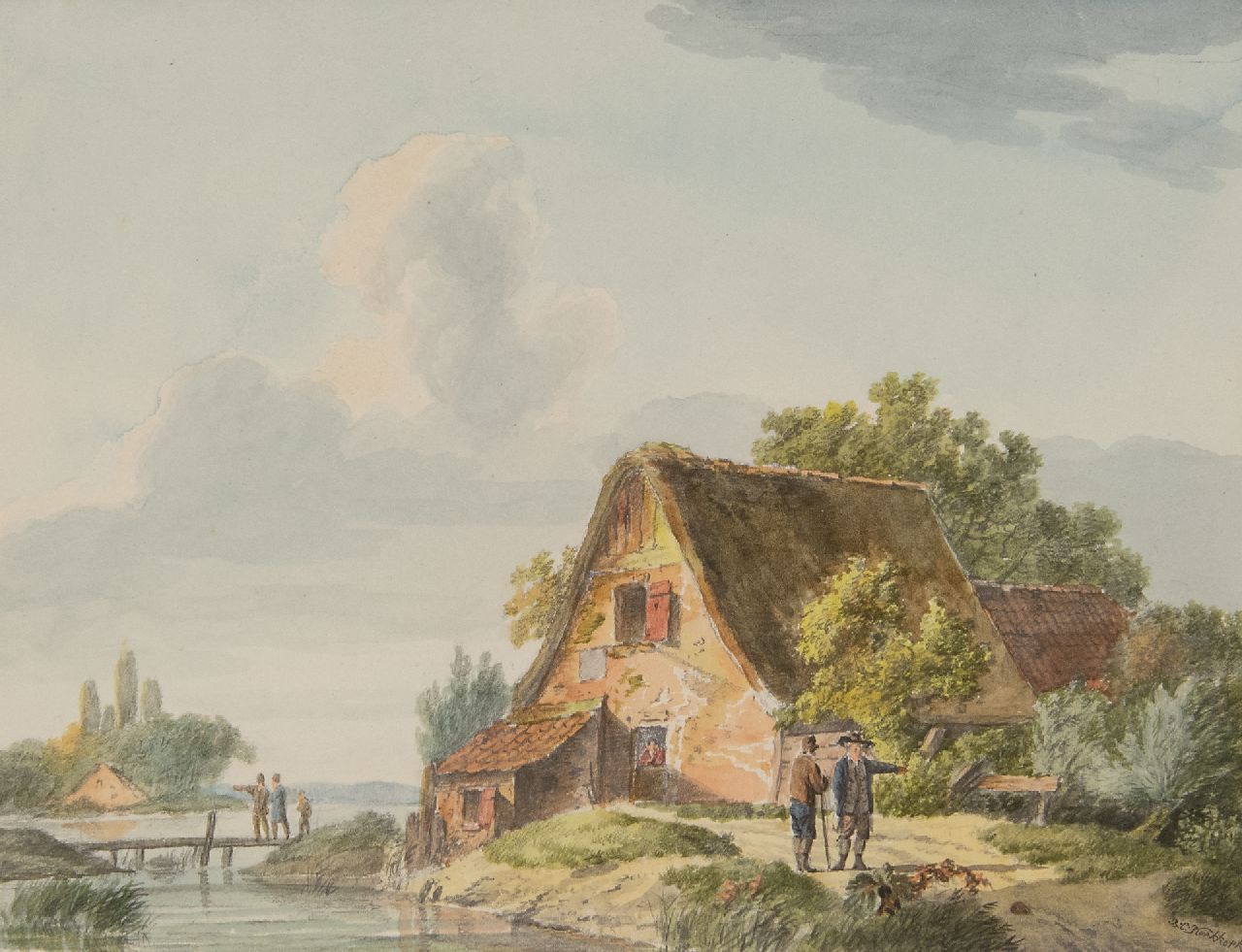 Koekkoek B.C.  | Barend Cornelis Koekkoek | Watercolours and drawings offered for sale | Travellers near a cottage by the river, watercolour on paper 14.7 x 19.4 cm, signed l.r.