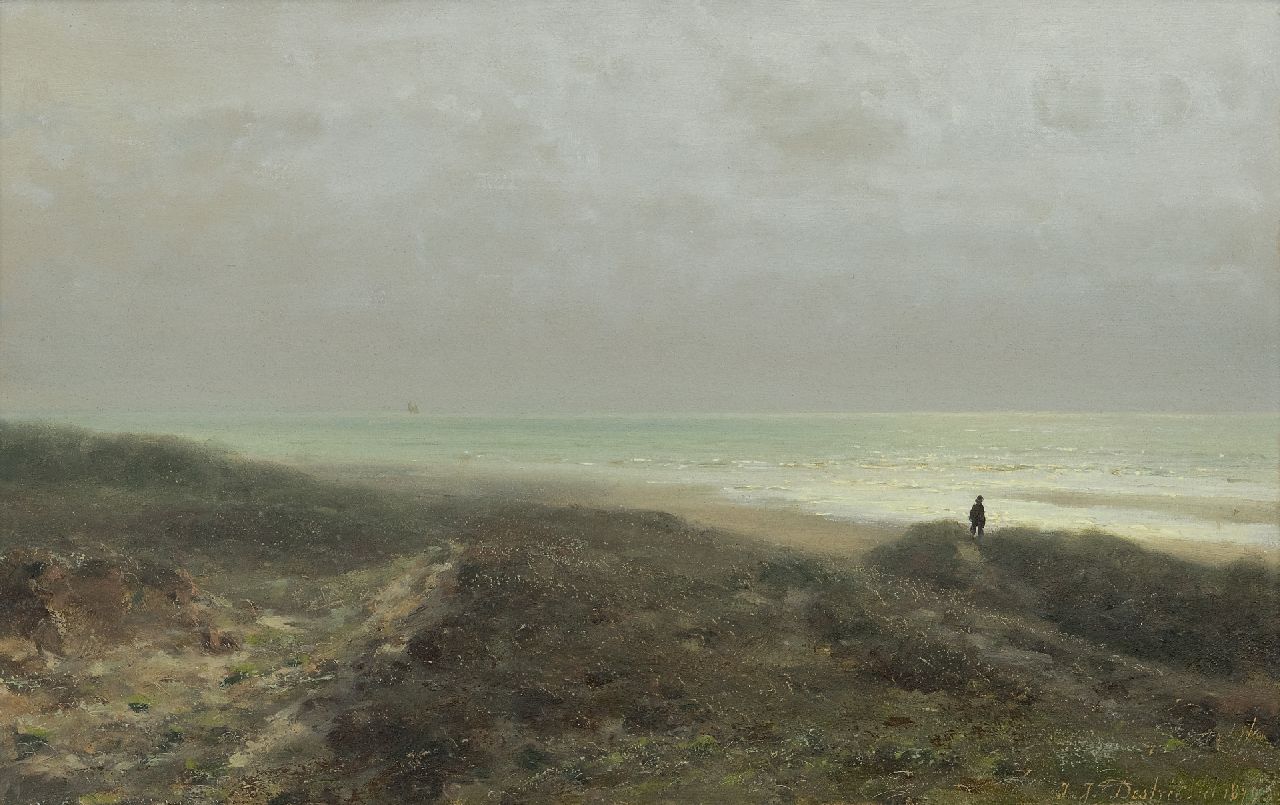 Destrée J.J.  | Johannes Josephus Destrée, A dune landscape with a figure watching the sea, oil on panel 27.6 x 43.8 cm, signed l.r. and dated 1879