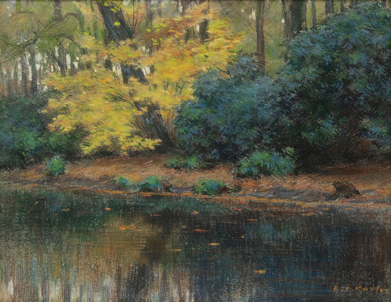 Koster A.L.  | Anton Louis 'Anton L.' Koster, Pond in park Groenendaal, Heemstede, pastel on paper 23.1 x 29.8 cm, signed l.r.