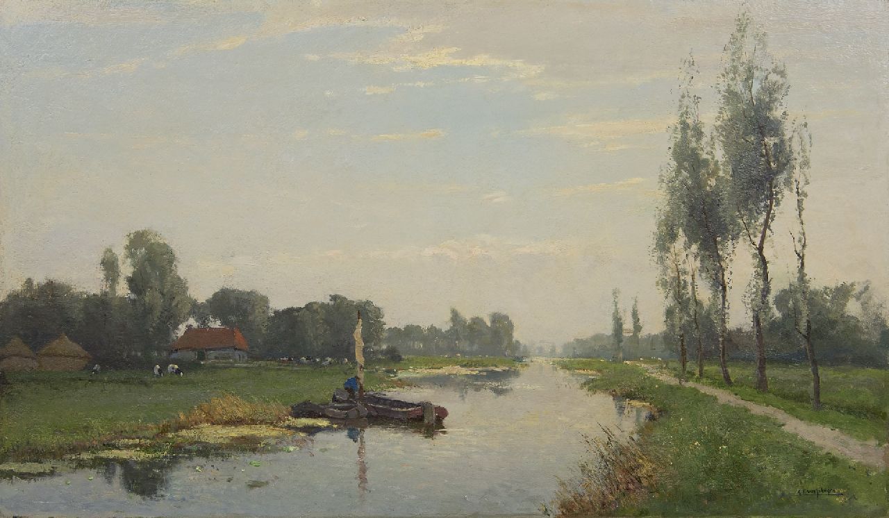 Schagen G.F. van | Gerbrand Frederik van Schagen, Early morning along the canal, oil on canvas 65.7 x 110.3 cm, signed l.r.