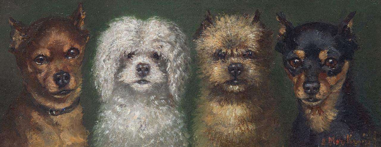 Kruijff A.M.  | Anna Maria Kruijff, Four small dogs, oil on panel 14.6 x 36.0 cm, signed l.r.