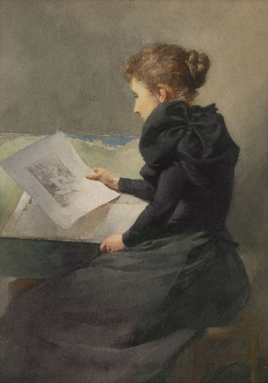 Frederik Nachtweh | Judging the drawing (possibly the painter's wife), watercolour on paper, 35.3 x 25.0 cm, signed l.r.
