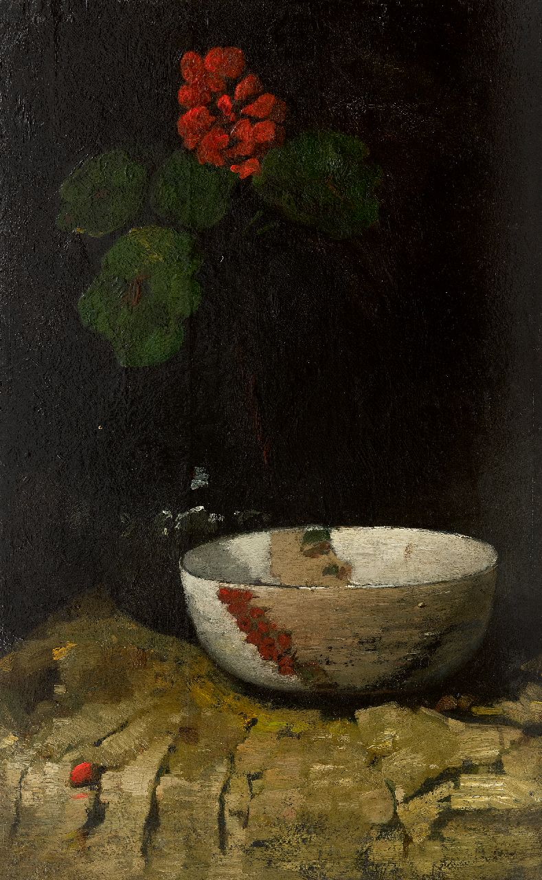 Berg W.H. van den | 'Willem' Hendrik van den Berg | Paintings offered for sale | Still life with a bowl and geranium, oil on panel 63.7 x 40.3 cm, signed u.r.