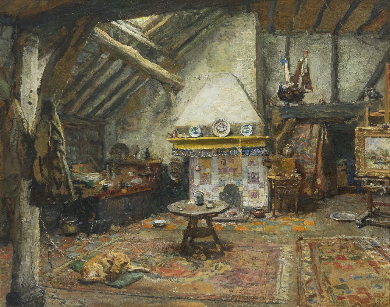 Briët A.H.C.  | 'Arthur' Henri Christiaan Briët | Paintings offered for sale | The studio of the painter Frans Langeveld, oil on paper laid down on panel 35.2 x 43.7 cm, signed l.r.