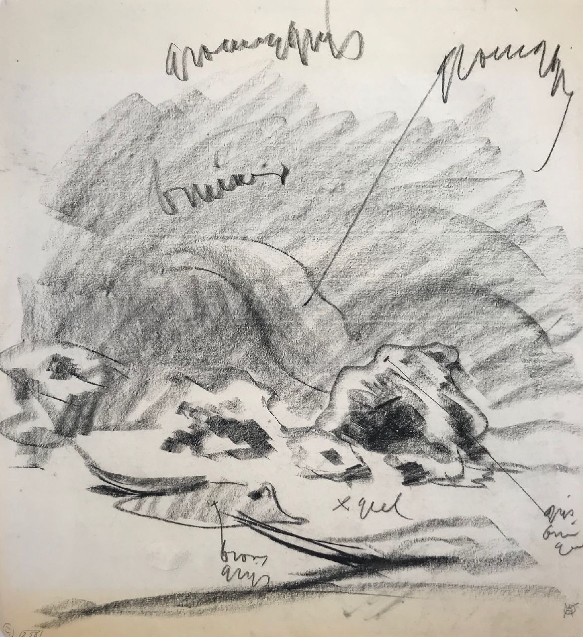 Dijsselhof G.W.  | Gerrit Willem Dijsselhof | Watercolours and drawings offered for sale | Study of an aquarium, charcoal on paper 37.5 x 34.5 cm, signed l.r. with monogram