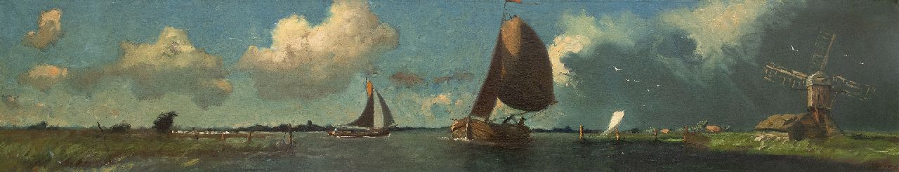 Wiersma I.  | Ids Wiersma | Paintings offered for sale | A landscape in Friesland with sailing flatboats, oil on canvas 41.5 x 208.5 cm, signed l.r.
