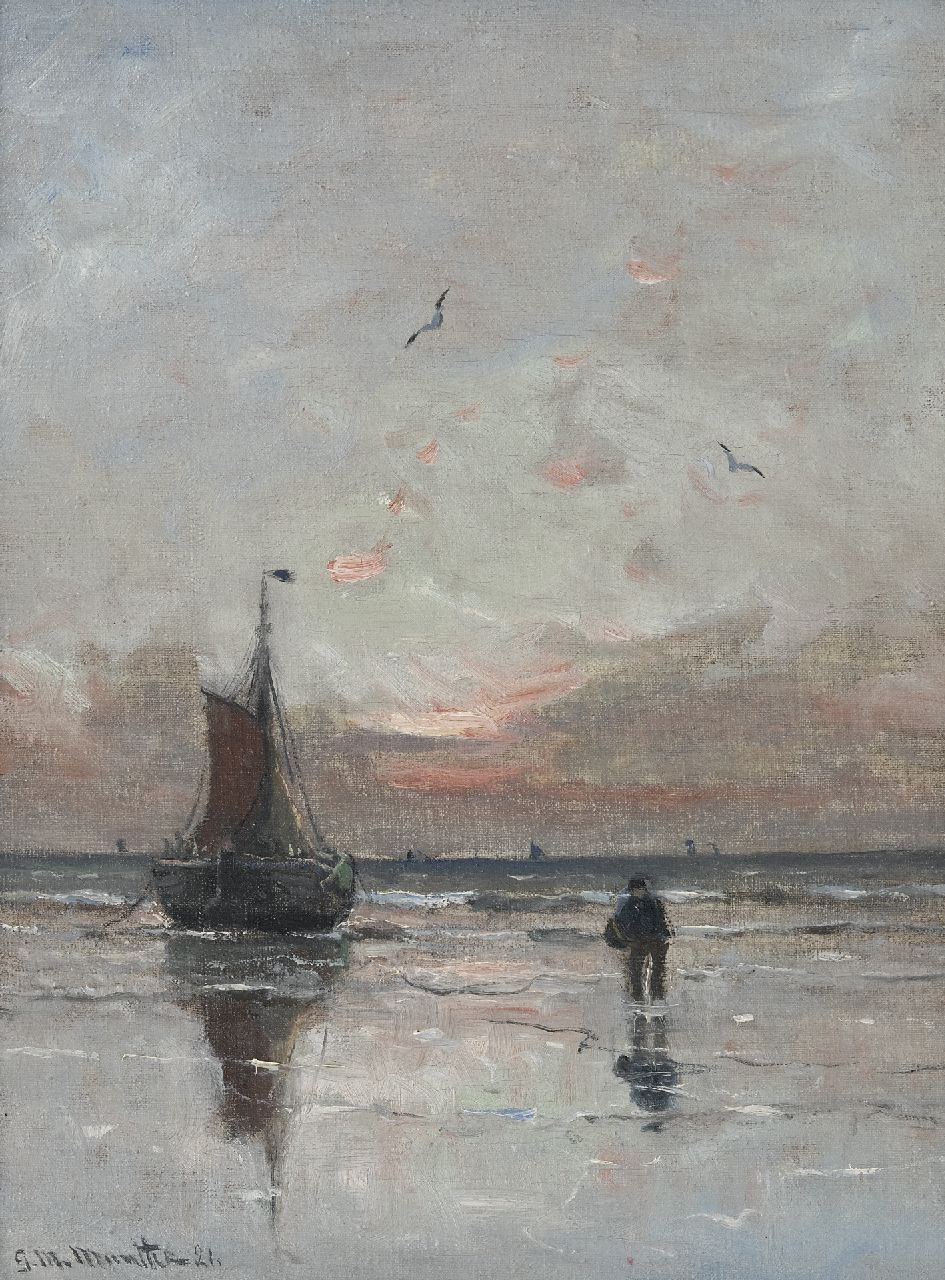 Munthe G.A.L.  | Gerhard Arij Ludwig 'Morgenstjerne' Munthe, Fishing vessel in the surf at sunset, oil on canvas 40.4 x 30.2 cm, signed l.l. and dated '21