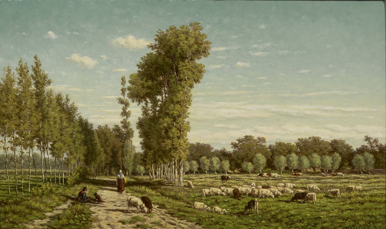 Lokhorst J.N. van | Johan Nicolaas 'Jan' van Lokhorst | Paintings offered for sale | Shepherd and his flock resting along a poplar road (pendant), oil on panel 27.4 x 45.6 cm, signed l.r. and dated 1867