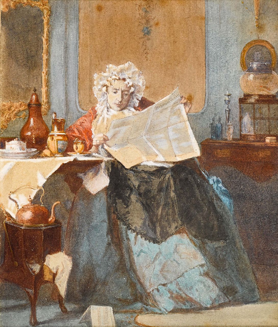 Bakker Korff A.H.  | Alexander Hugo Bakker Korff, The morning paper, watercolour on paper 17.5 x 14.7 cm