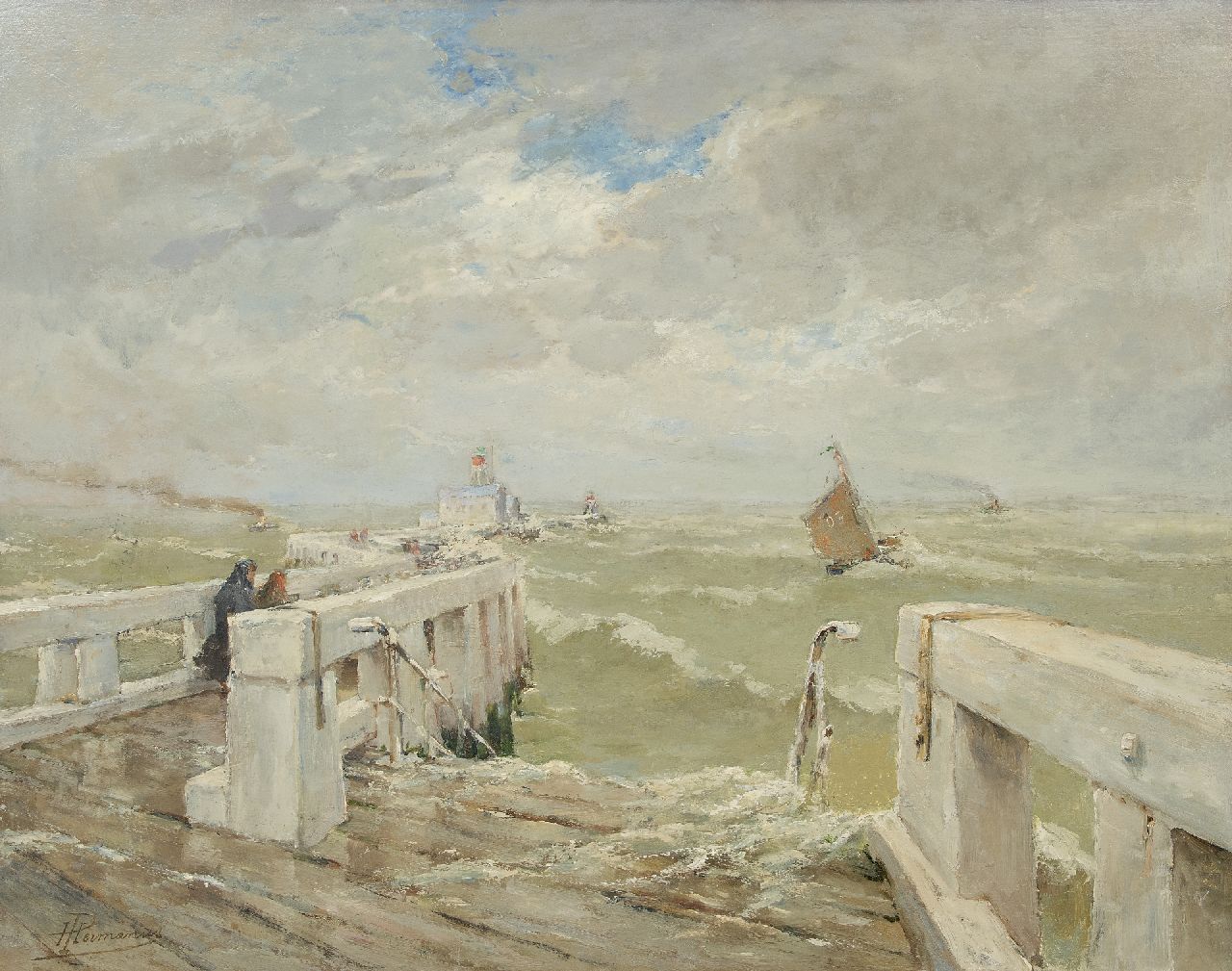 Hermanus P.F.  | 'Paul' François Hermanus, Figures on a pier near a lighthouse in turbulent surf, oil on canvas 74.0 x 95.0 cm, signed l.l.