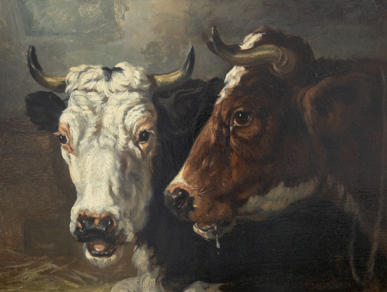 Richard Burnier | Two cows's heads, oil on panel, 32.3 x 45.0 cm, signed on the reverse