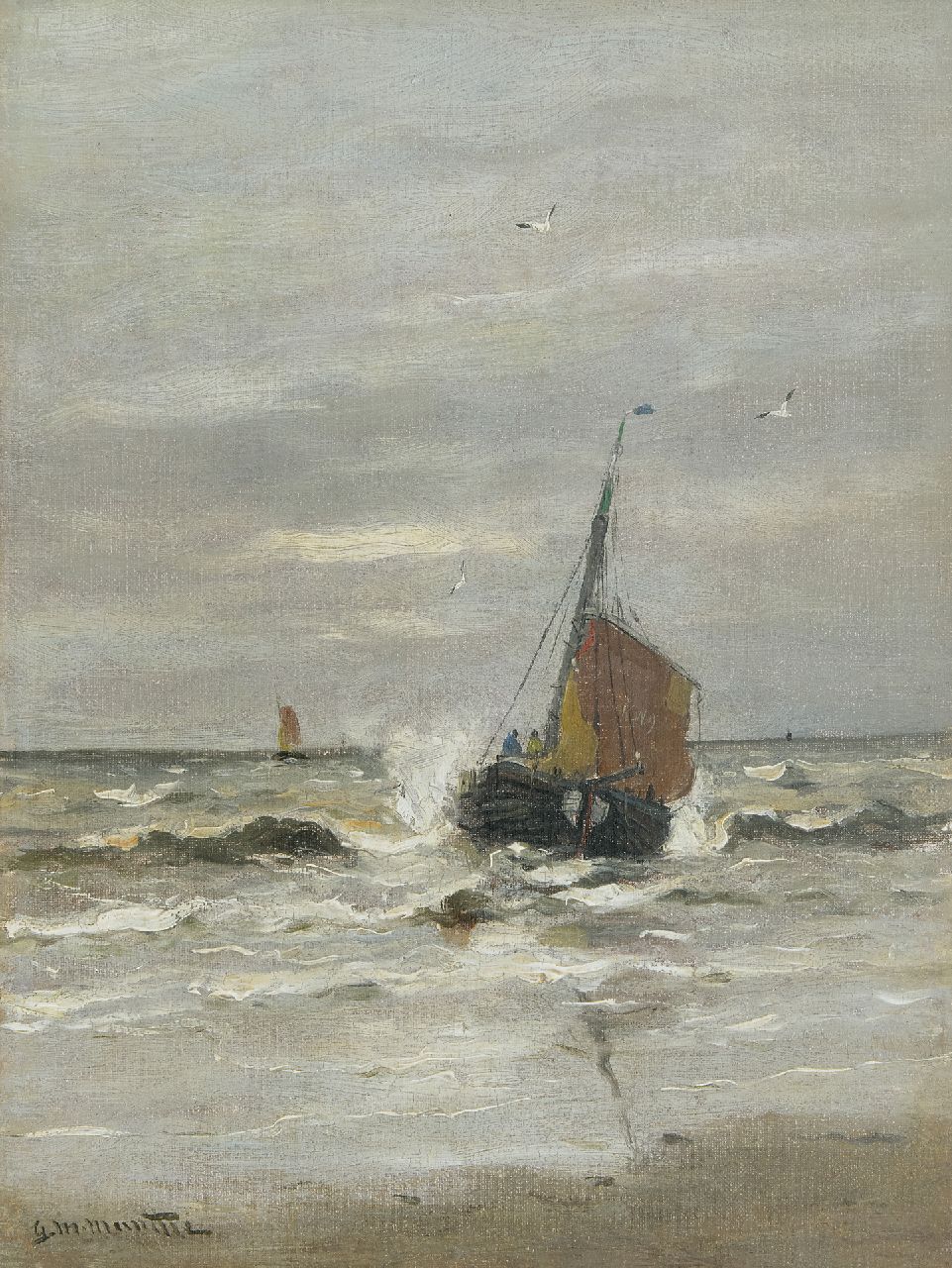 Munthe G.A.L.  | Gerhard Arij Ludwig 'Morgenstjerne' Munthe, The return of 'KW9' on the beach of Katwijk, oil on canvas 40.4 x 30.8 cm, signed l.l.