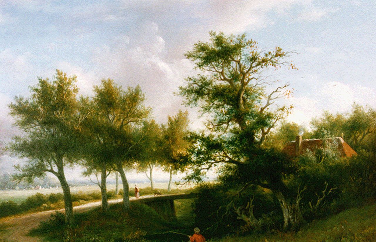 Walter W.J.  | Wilhelmus Joannes Walter, Angler in a landscape, oil on panel 27.3 x 38.5 cm, signed l.l. and dated 1852