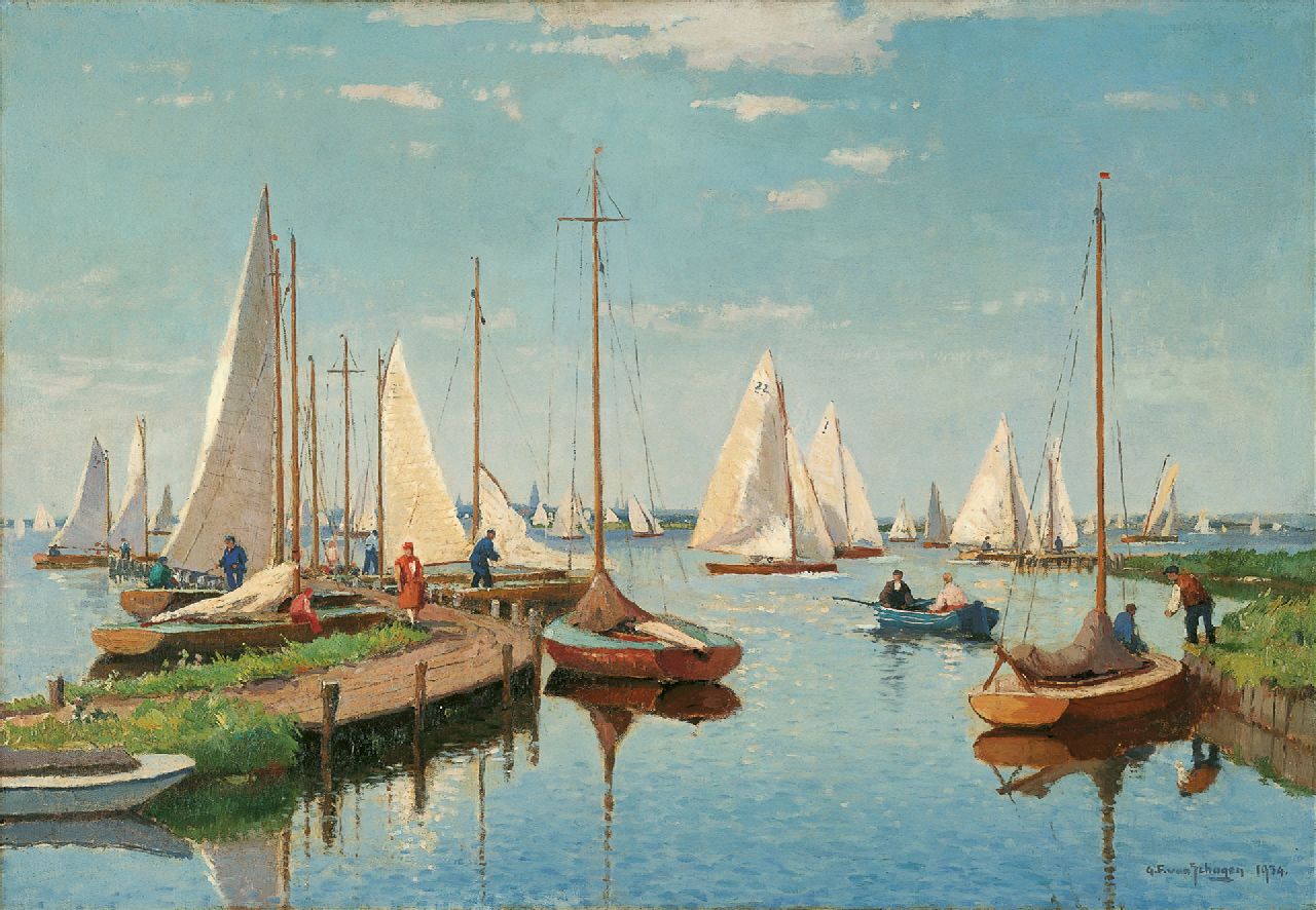 Schagen G.F. van | Gerbrand Frederik van Schagen, Moored sailing vessels, Loosdrechtse Plassen, oil on canvas 68.3 x 98.5 cm, signed l.r. and dated 1934