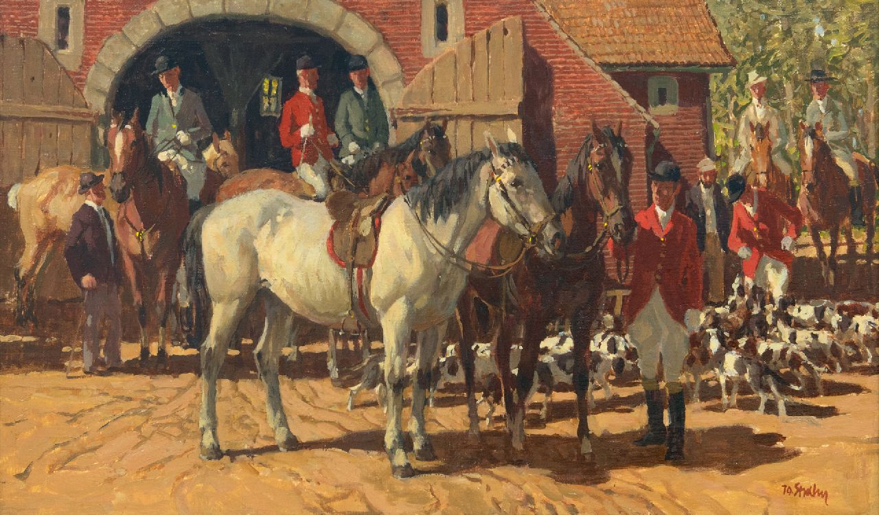 Strahn P.J.  | Peter Josef 'Jo' Strahn, Before the hunt, oil on canvas 35.8 x 60.4 cm, signed l.r.