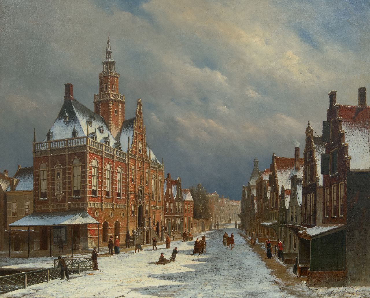 Jongh O.R. de | Oene Romkes de Jongh, The townhall of Bolsward, Friesland, in wintertime, oil on canvas 69.9 x 86.0 cm, signed l.r.