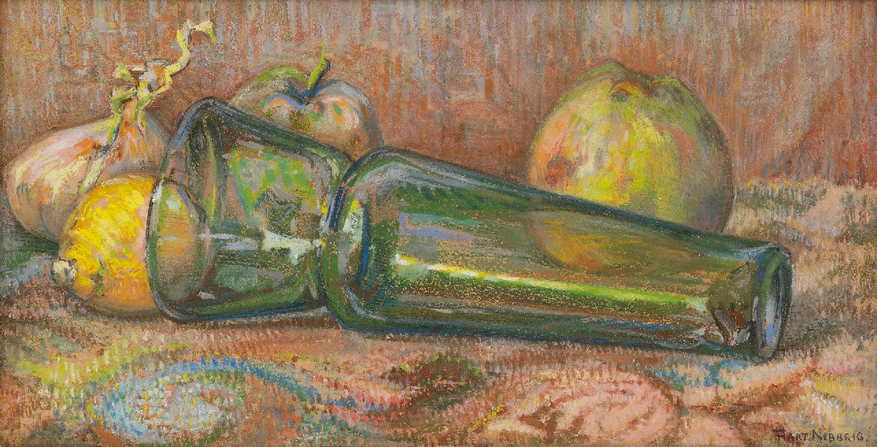 Hart Nibbrig F.  | Ferdinand Hart Nibbrig, A still life with a green glass vase and apples, pastel on paper 18.2 x 35.1 cm, signed l.r.