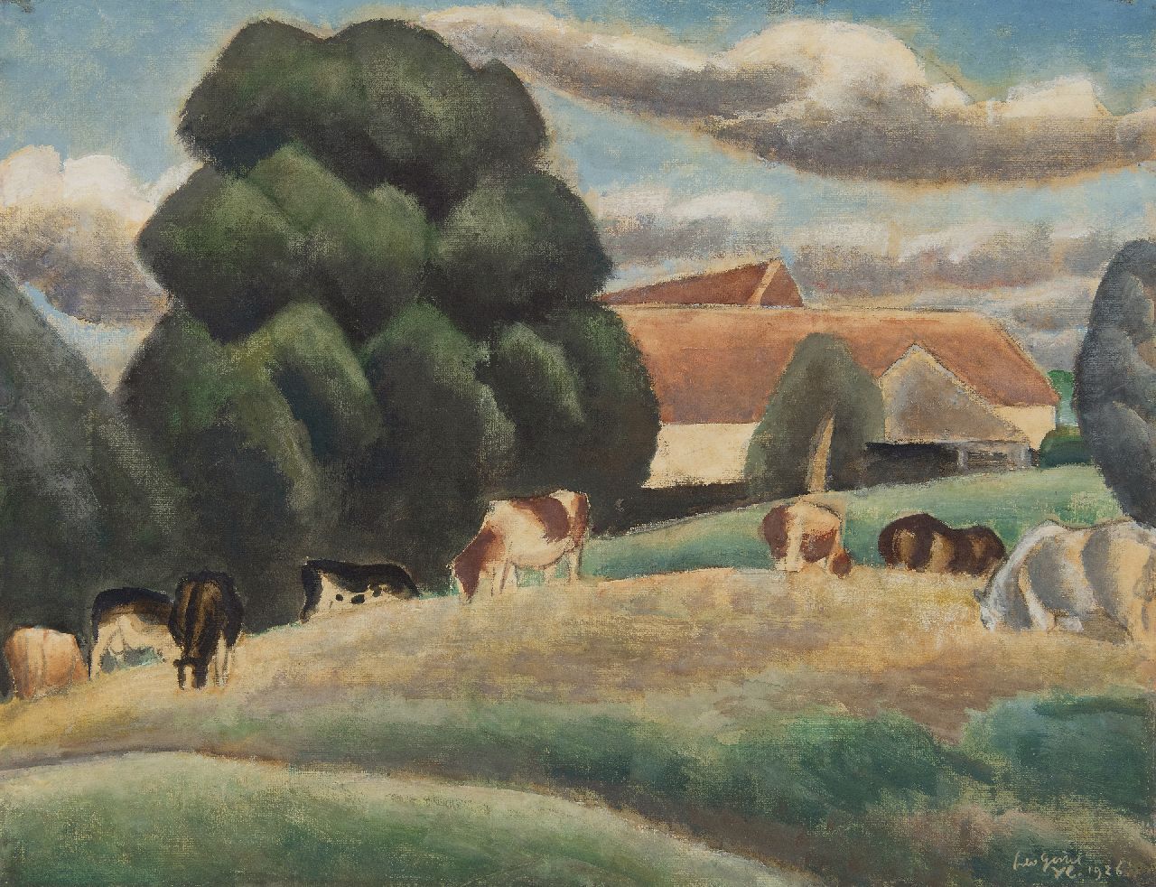 Gestel L.  | Leendert 'Leo' Gestel, Farm and cattle near Drongen along the Leie, Flanders, watercolour and gouache on paper 47.6 x 61.7 cm, signed l.r. and dated 'YC' 1926