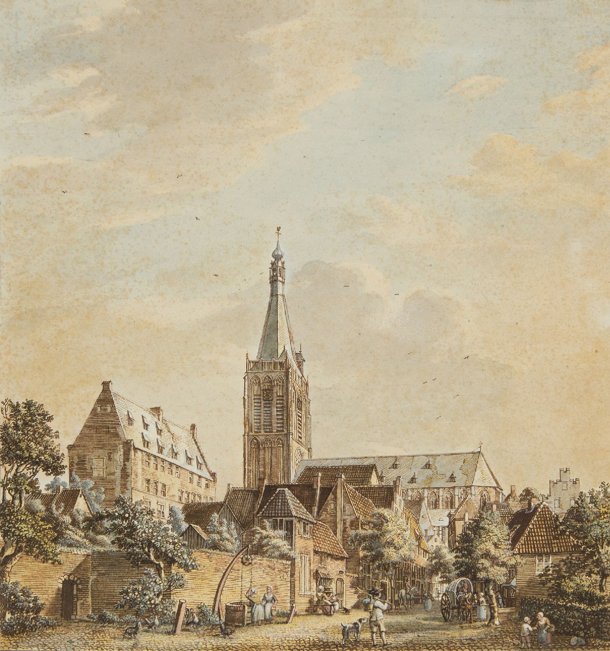 Beijer J. de | Jan de Beijer | Watercolours and drawings offered for sale | The Grote Kerk and the Klooster in Doesburg, pen, ink and watercolour on paper 33.7 x 31.7 cm, signed on the reverse and dated on the reverse 10. August: 1772'