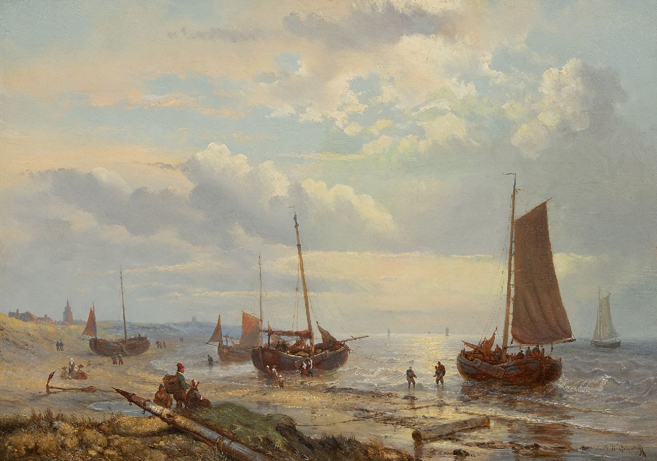 Opdenhoff G.W.  | Witzel 'George Willem' Opdenhoff, Fishing boats and fishermen at Scheveningen beach, oil on canvas 47.5 x 66.8 cm, signed l.r.