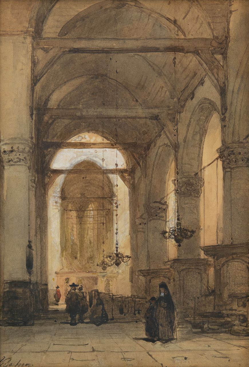 Bosboom J.  | Johannes Bosboom, Figures in a church interior, watercolour on paper 26.5 x 18.3 cm, signed l.l.