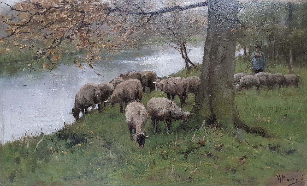 Mauve A.  | Anthonij 'Anton' Mauve, A shepherd with his flock by a river, oil on panel 25.1 x 41.0 cm, signed l.r.
