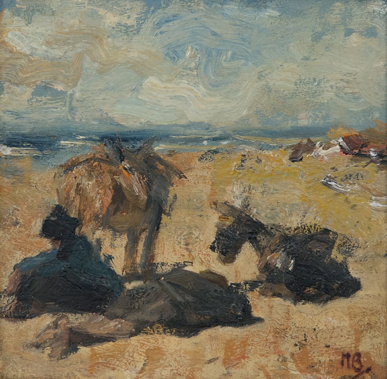 Bauer M.A.J.  | 'Marius' Alexander Jacques Bauer, Donkeys resting on the beach, oil on panel 18.5 x 18.6 cm, signed l.r. with initials