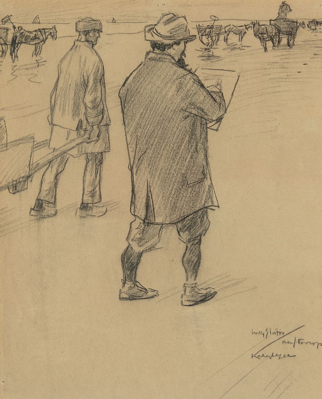 Sluiter J.W.  | Jan Willem 'Willy' Sluiter | Watercolours and drawings offered for sale | Jan Toorop sketching on the beach of Katwijk aan Zee, black chalk on paper 32.6 x 27.0 cm, signed l.r. and executed ca. 1898