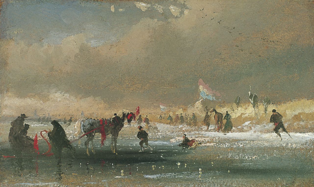 Tavenraat J.  | Johannes Tavenraat, Skaters on the ice, oil on panel 17.0 x 28.0 cm
