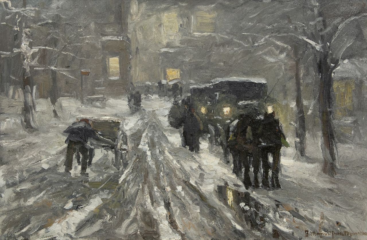 Munthe G.A.L.  | Gerhard Arij Ludwig 'Morgenstjerne' Munthe, Horses and carriages in a snowy town by night, oil on canvas 66.3 x 100.7 cm, signed l.r.